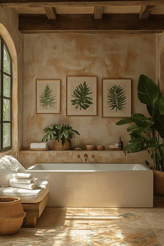 Botanical art prints framed in a modern bathroom with green accents