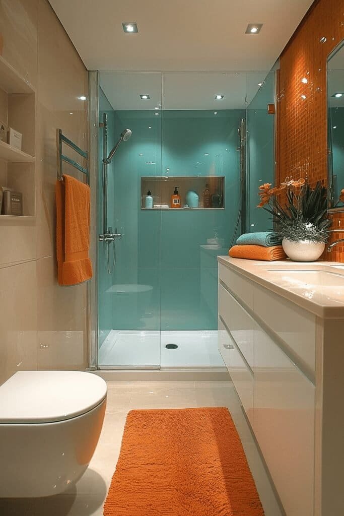 Small bathroom design with vertical storage and light color scheme.