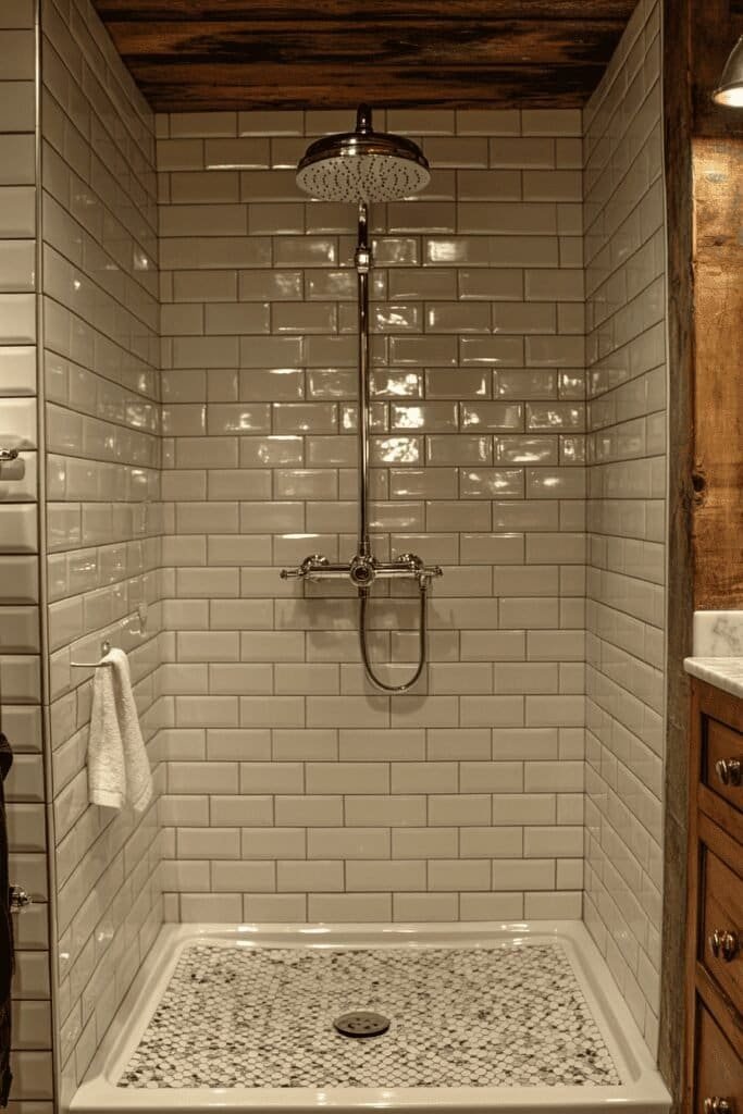 Classic shower featuring white ceramic tile walls, demonstrating the elegance of tile walls in shower setups