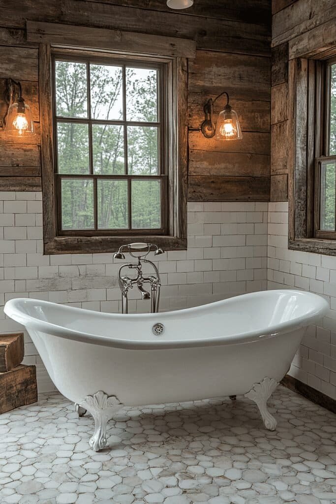 Farmhouse bathroom featuring a classic white clawfoot tub with vintage decor.