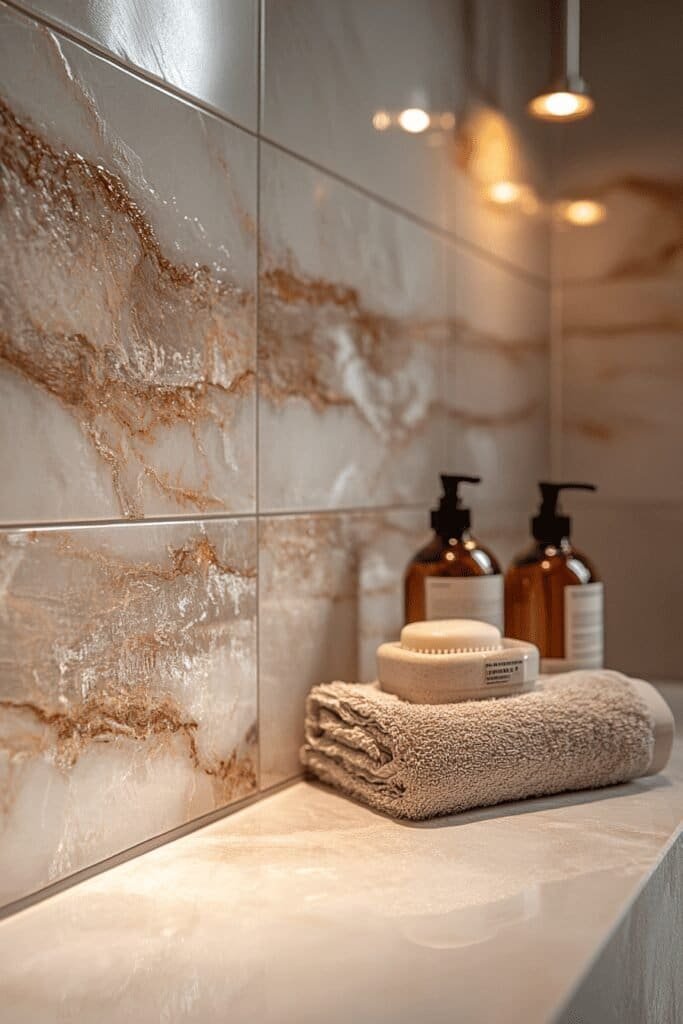 Clean white grout lines between shower tiles, showing how to clean grout in shower areas in a modern bathroom.