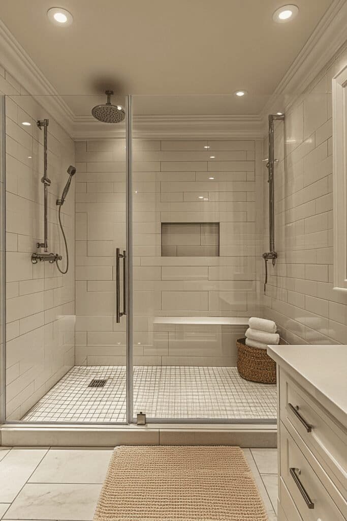 Clean modern shower with glass doors showing the results of how to clean shower glass doors effectively