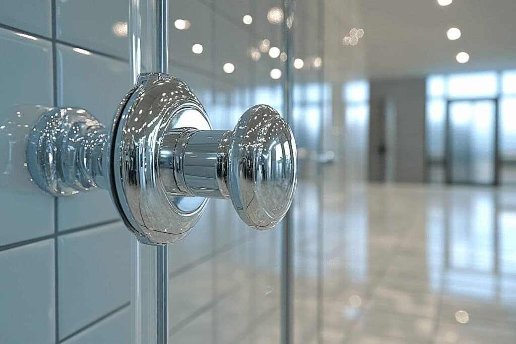 Close-up of clean shower glass doors and knob, showing how to clean shower glass doors for a spotless finish