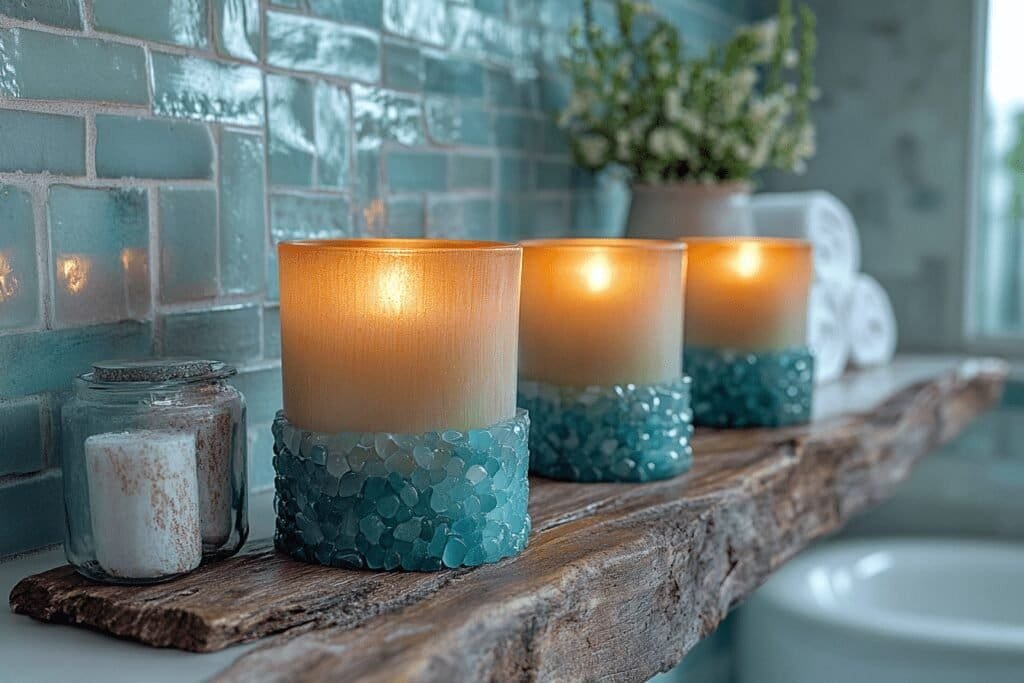 Coastal-themed candle holders in driftwood and sea glass design