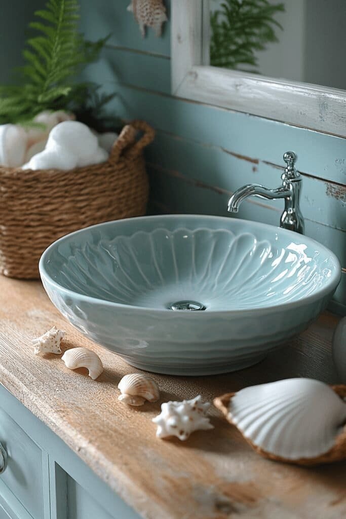 Coastal-themed bathroom sink featuring nautical decor and beachy accents.