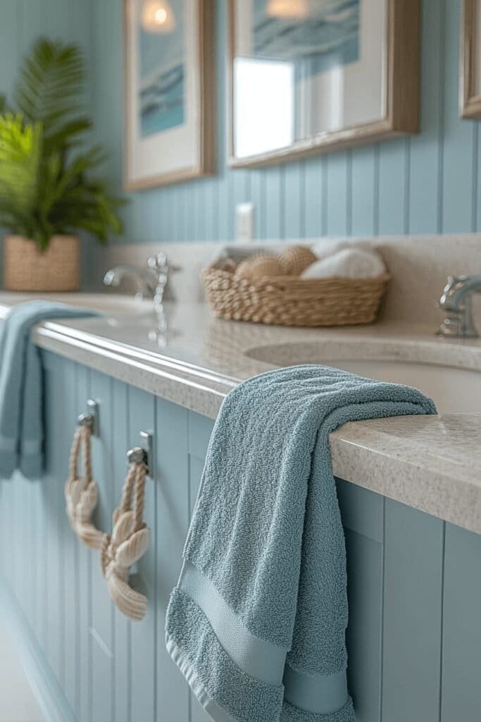 Coastal wall art and nautical hooks in a beach-themed bathroom, adding seaside charm.