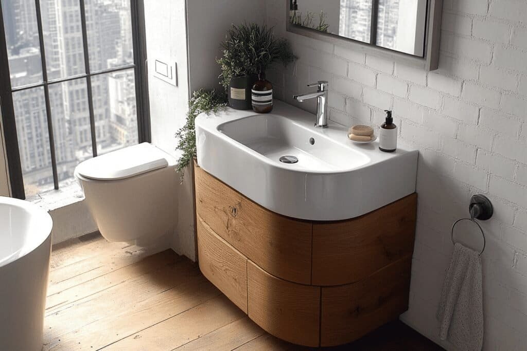 Compact floating vanity with sink for tiny bathrooms to maximize space.