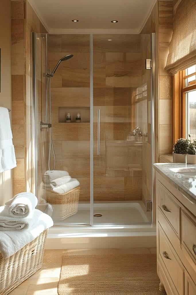 Compact small bathroom with a walk-in shower and frameless glass doors