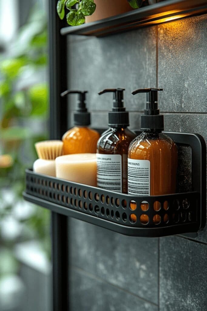 Compact shower caddy with organized bathroom accessories for a modern, space-saving bathroom design.