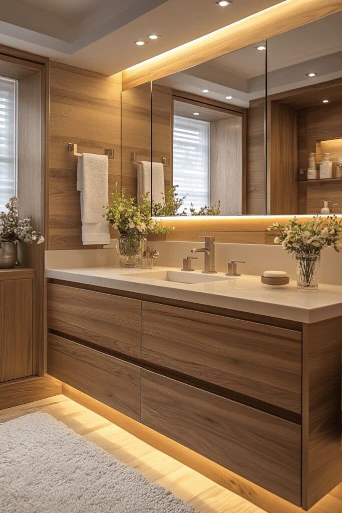 Contemporary small bathroom design with a large mirror and recessed lighting.