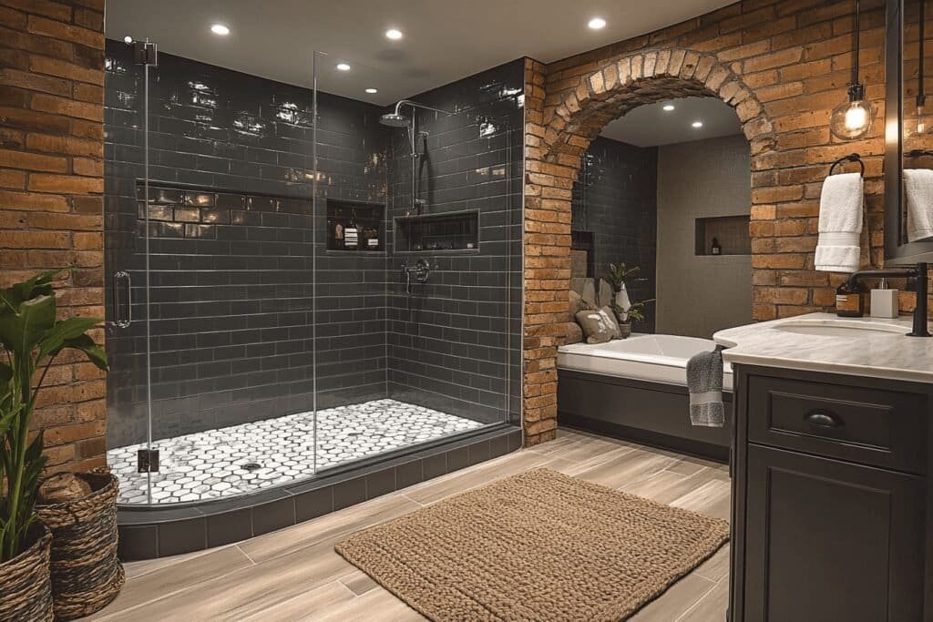 Contemporary bathroom featuring a walk-in shower with frameless glass and a heated towel rack, showcasing innovative walk-in shower ideas.