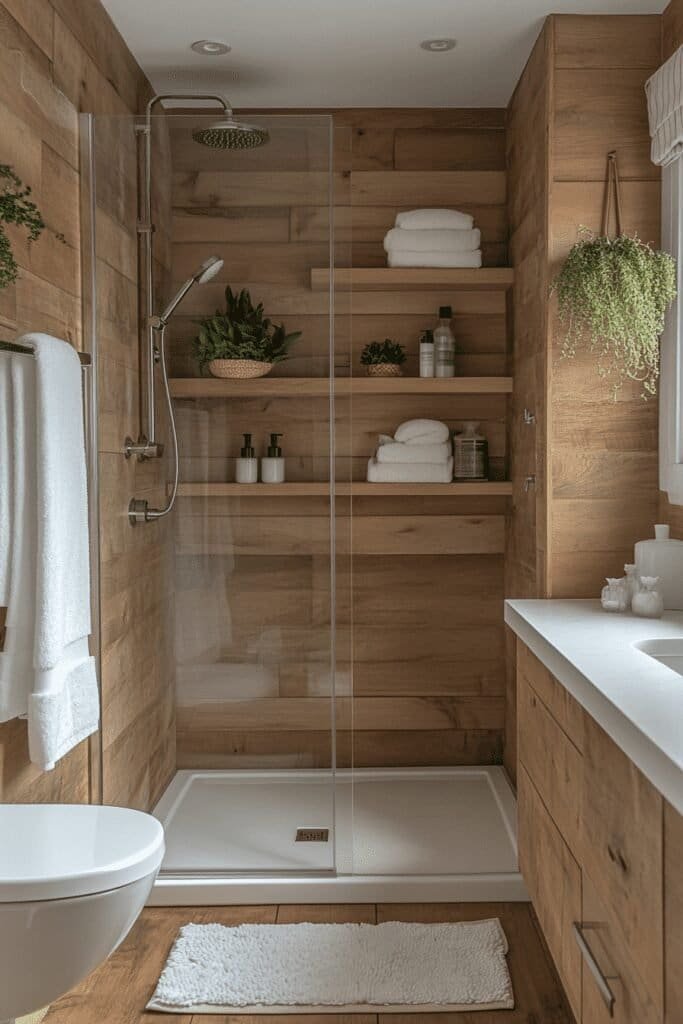 Small bathroom design with a corner shower and floating shelves for storage.