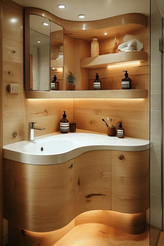 Corner tiny bathroom sink with vanity, ideal for maximizing awkward spaces.