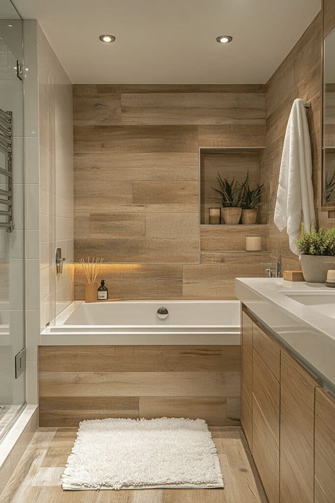 A stylish corner tub in a small bathroom, perfect for maximizing space