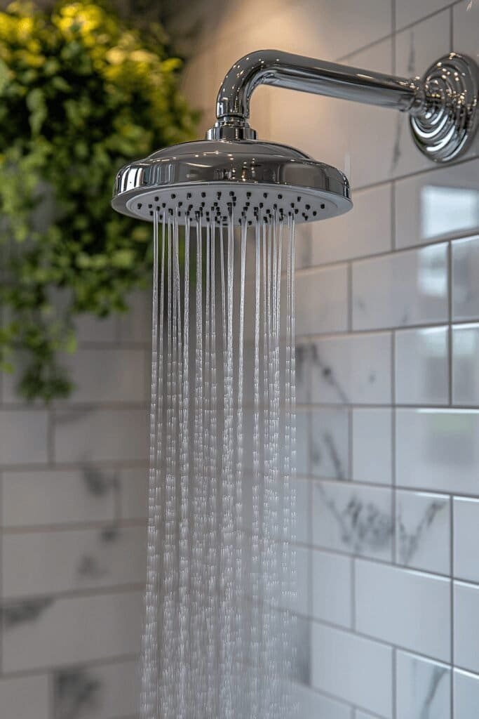 Curbless walk-in shower with high-end details, including a rain showerhead and polished chrome fixtures, in a modern bathroom remodel.