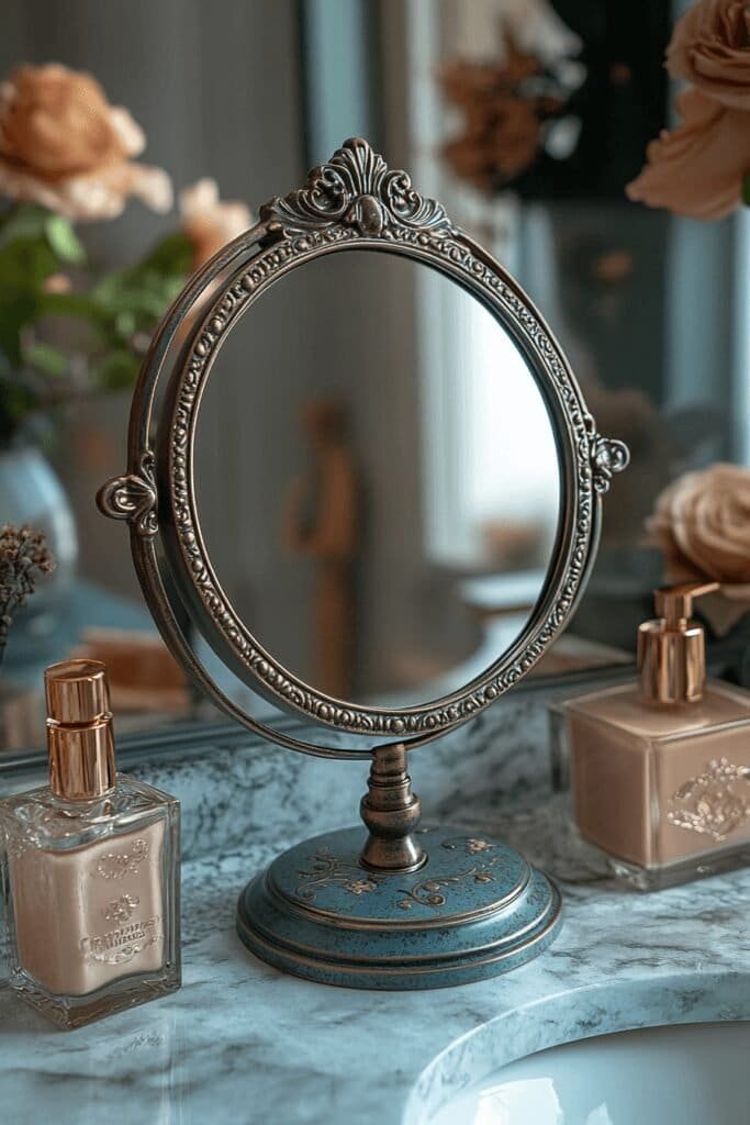 Decorative makeup mirror on a bathroom counter, adding a functional element to bathroom decor.