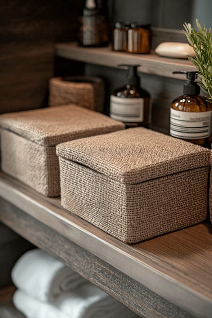 Decorative storage boxes on a bathroom shelf, adding style and organization to bathroom decor.