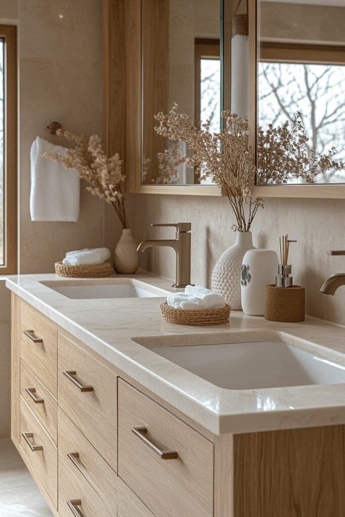 Double vanity with elegant fixtures, showcasing functional and stylish Master Bathroom Ideas.