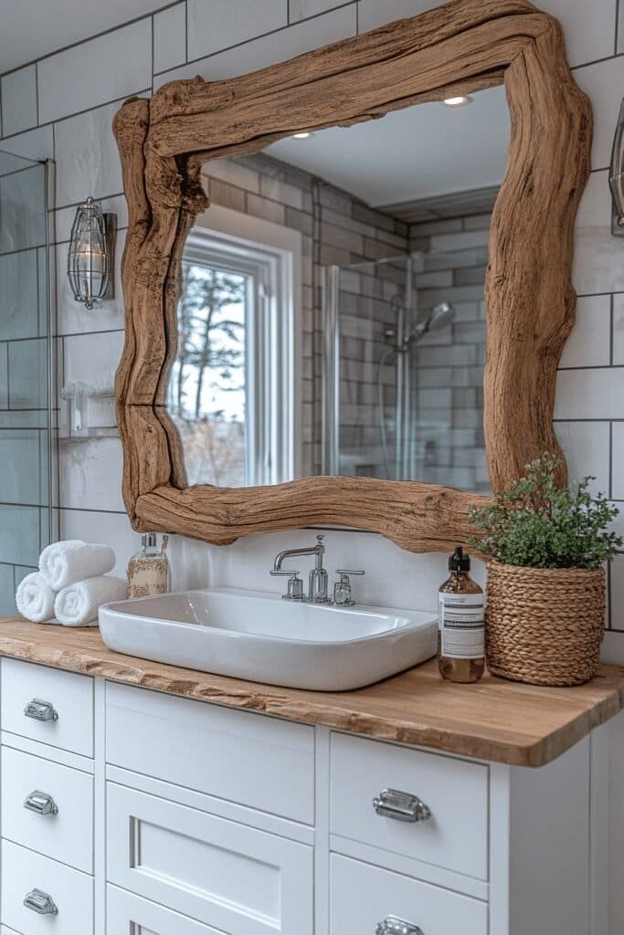 Beach-themed bathroom with a driftwood mirror and natural materials.