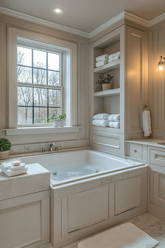 Drop-in tub in a small bathroom with built-in storage around the edges