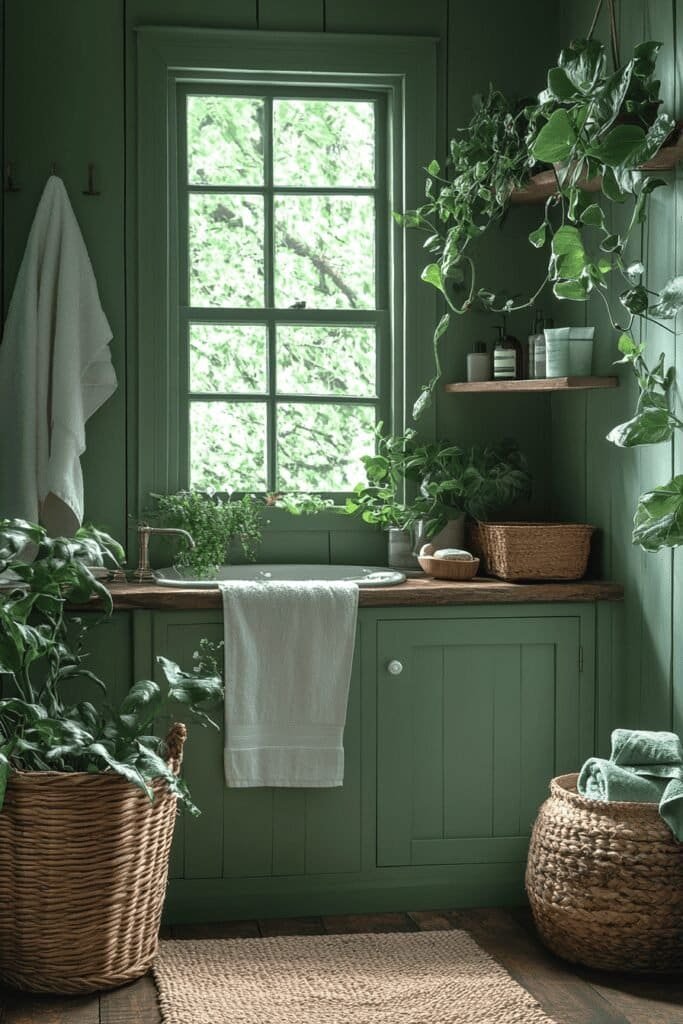 Earthy green bathroom displaying natural and relaxing bathroom color ideas with sage walls and wood details