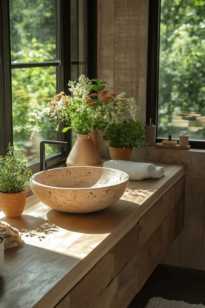 Earthy bathroom theme using natural materials like wood, stone, and greenery.