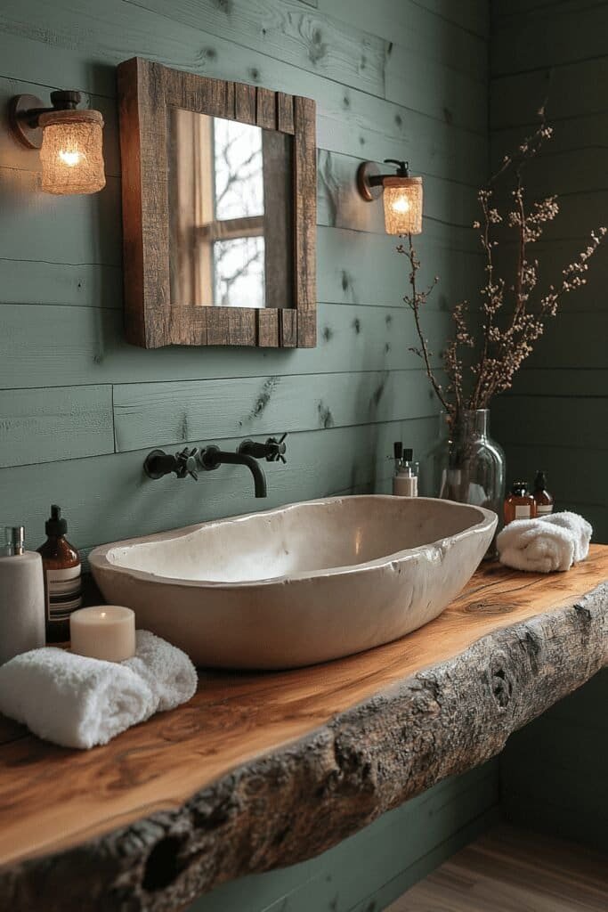 Earthy green bathroom with sage-colored walls and natural wood details.