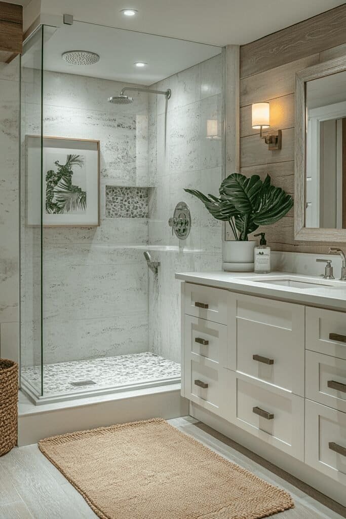 Eco-friendly bathroom renovation with sustainable materials, including recycled tiles and a low-flow showerhead.