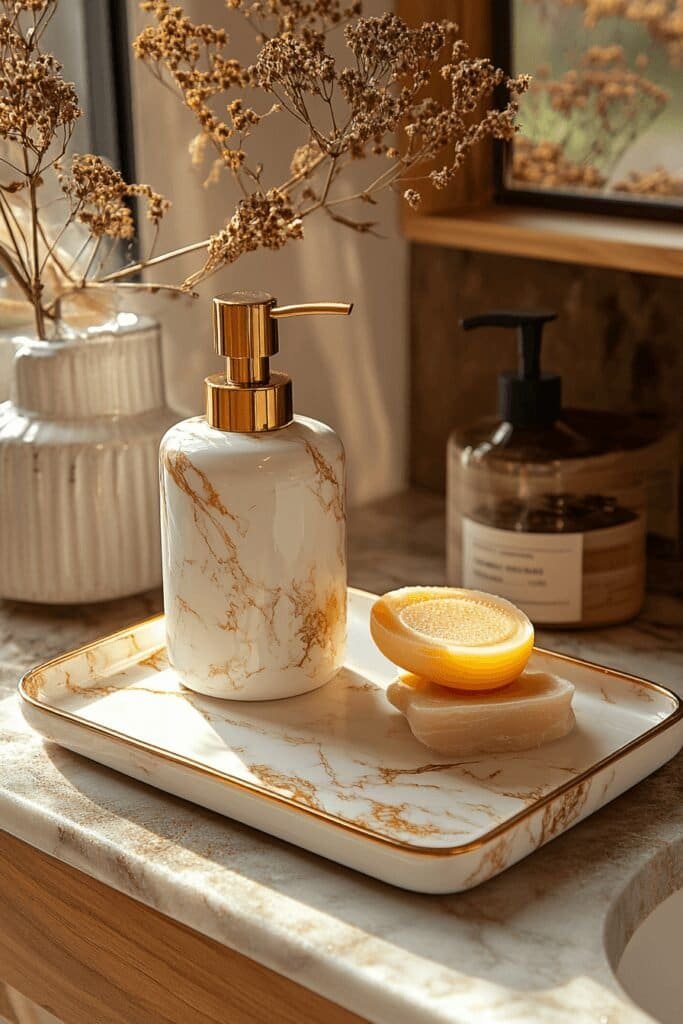 Stylish soap dispenser and tray set on a modern bathroom vanity, showcasing elegant bathroom accessories.