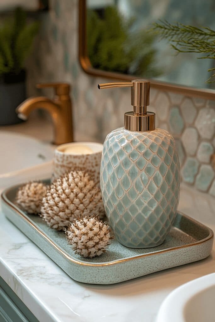 Elegant soap dispenser and tray showcasing bathroom decor ideas for a modern touch.