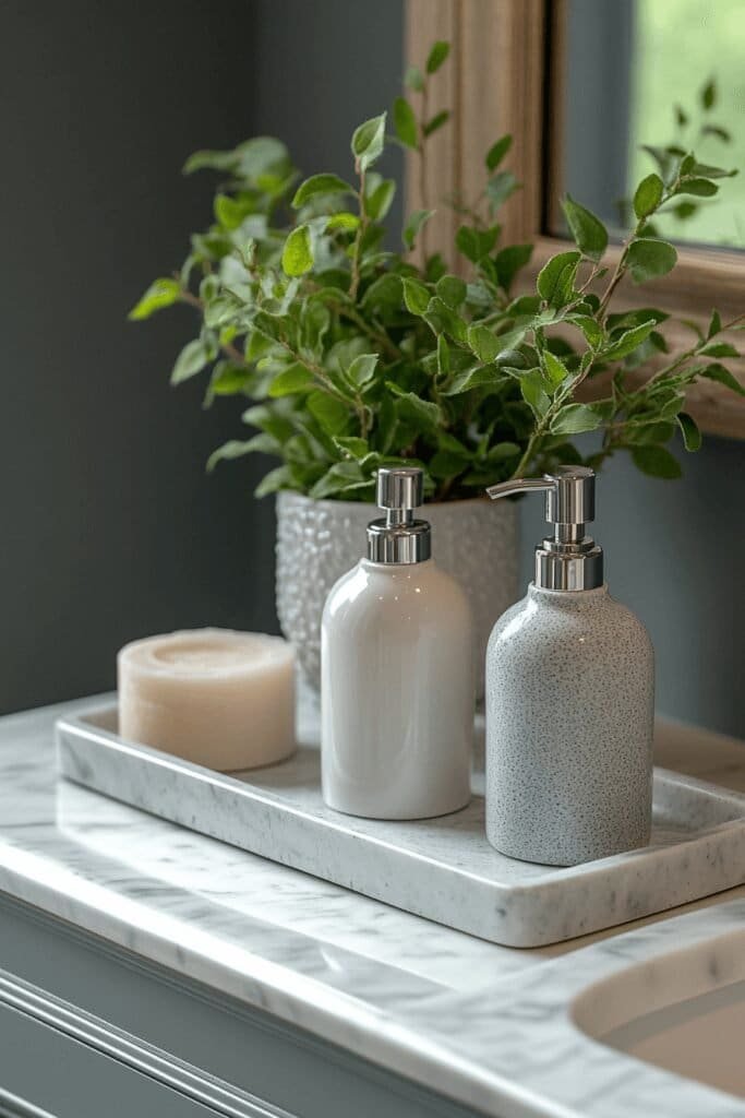 Elegant soap dispenser on a decorative vanity tray highlighting small bathroom accessories ideas.