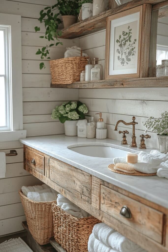 Bathroom themes: farmhouse with rustic wood finishes and vintage-style fixtures.