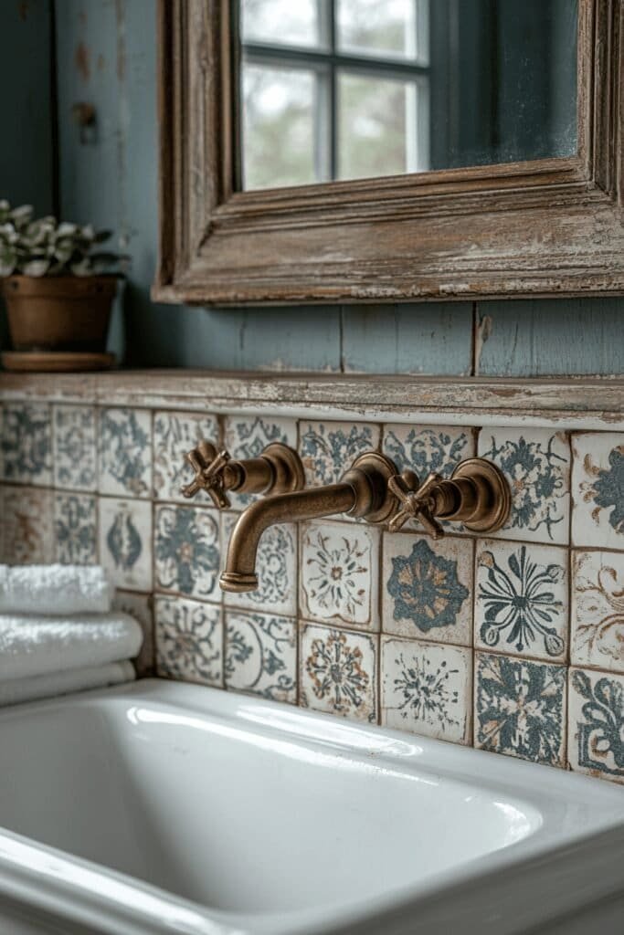 Close-up of farmhouse bathroom tiles with vintage wall fixtures.