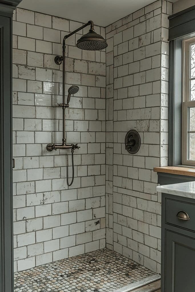 Farmhouse shower area featuring subway tiles and rustic metal fixtures.