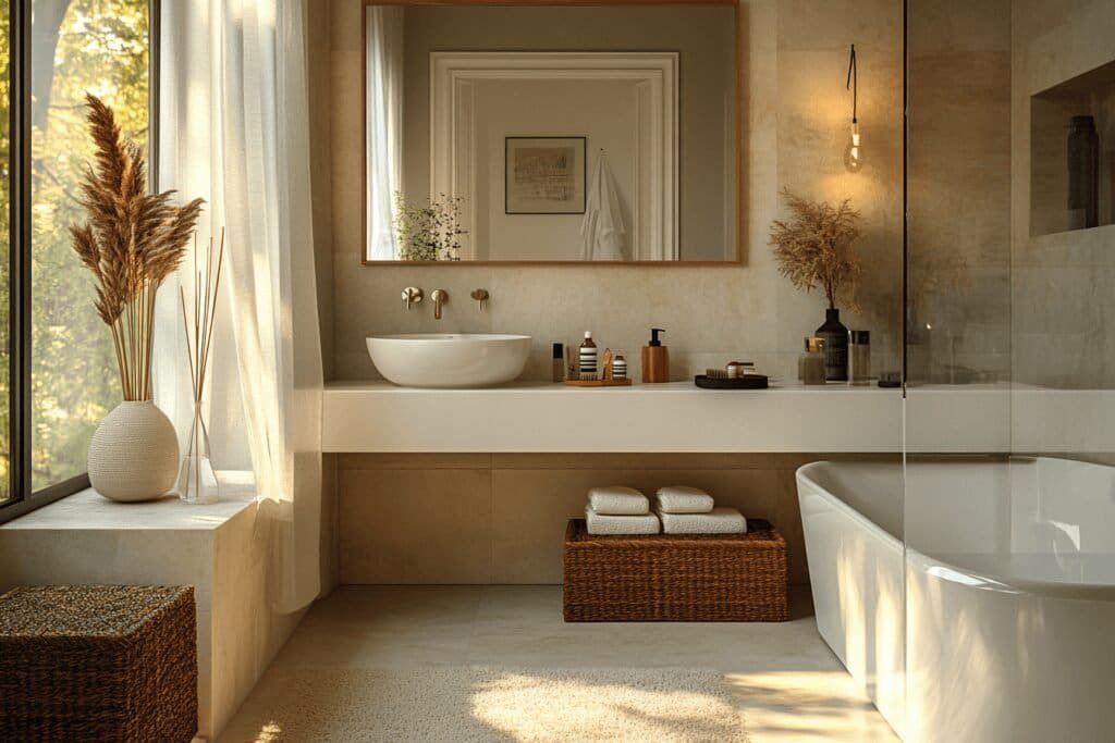 Feature image of a modern bathroom showcasing various bathroom decor elements.