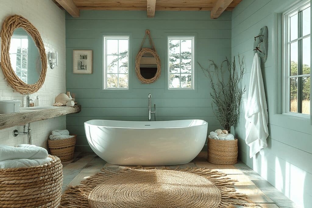 Feature image of a beach-themed bathroom, highlighting natural materials and coastal decor