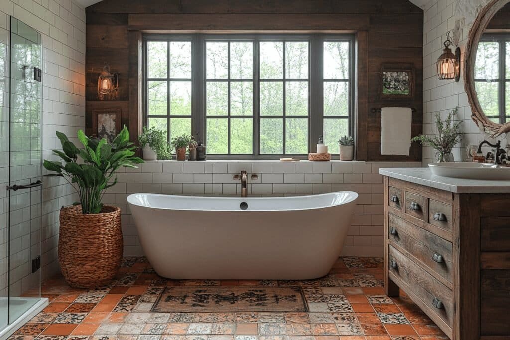 Farmhouse bathroom featuring rustic tiles and vintage fixtures for a cozy look.