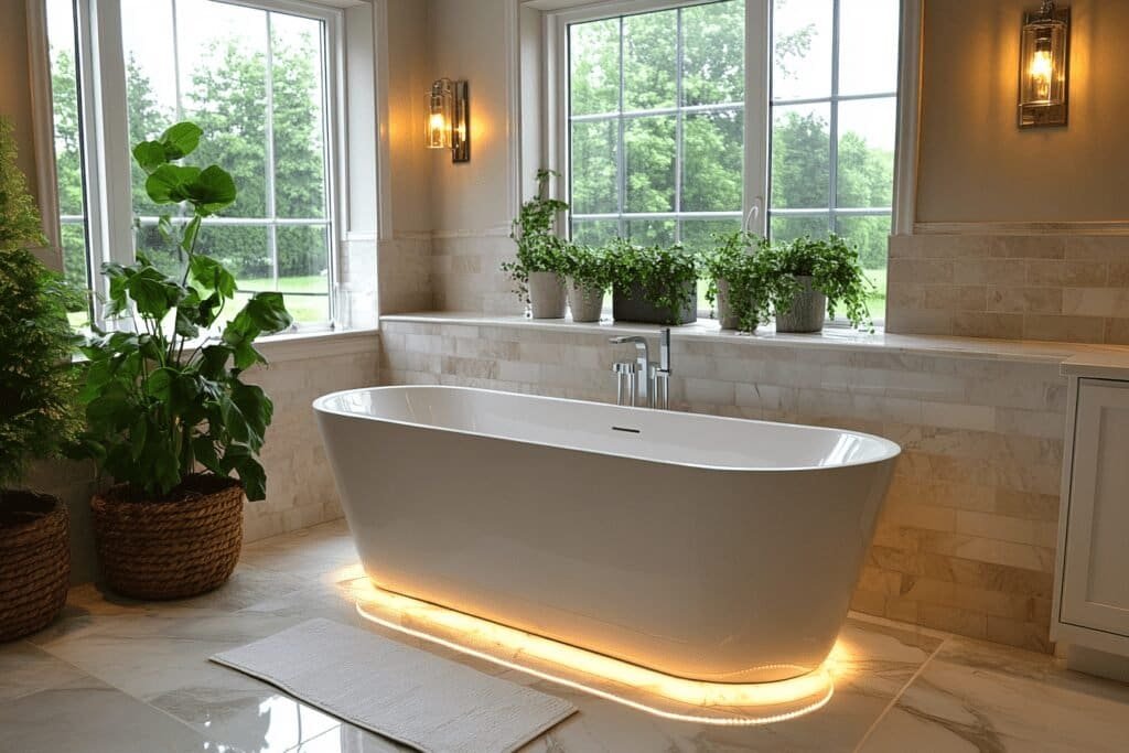 Completed bathroom renovation with modern finishes, including a freestanding bathtub, updated lighting, and marble flooring.