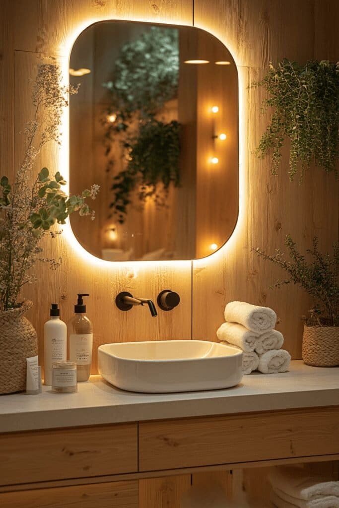 Floating vanity with LED backlit mirror showcasing modern bathroom decor ideas for a sleek look.