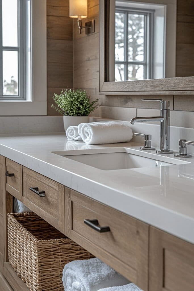 Floating vanity with under-sink storage showcasing space-saving small bathroom accessories.