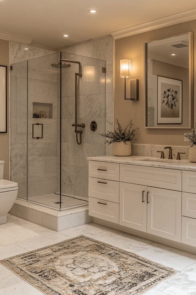 Sleek frameless glass walk-in shower with modern fixtures, showcasing innovative walk-in shower ideas in a contemporary bathroom design.