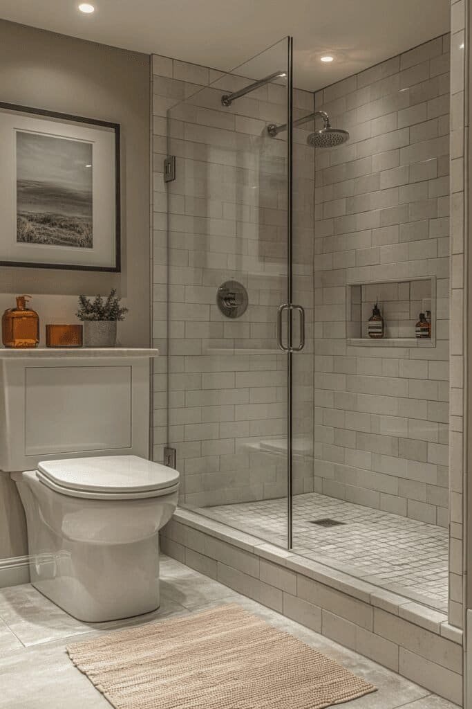 Small bathroom ideas with a frameless glass walk-in shower to create an open feel.