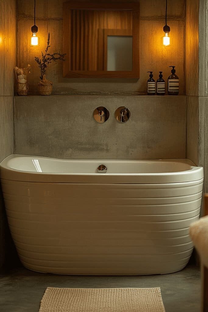  Freestanding tub in a small bathroom offering a modern, luxurious design