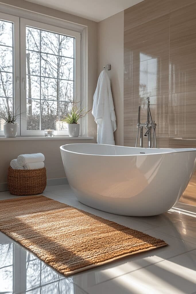 Luxury bathroom design ideas showcasing a stand-alone bath placed in the middle of the room, adjacent to a large window.