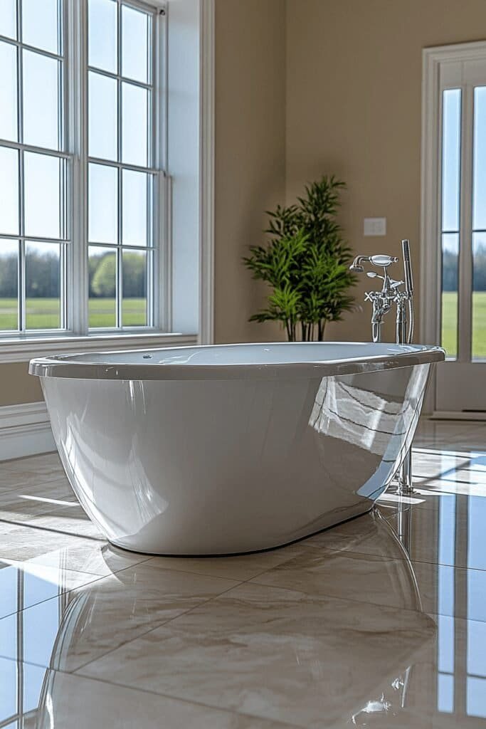 Freestanding modern bathtub with chrome fixtures showcasing modern bathroom decor ideas.