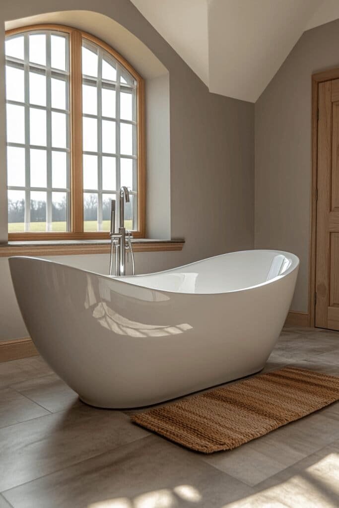 Freestanding bathtub with a modern silhouette, illustrating Master Bathroom Ideas for a luxurious focal point.