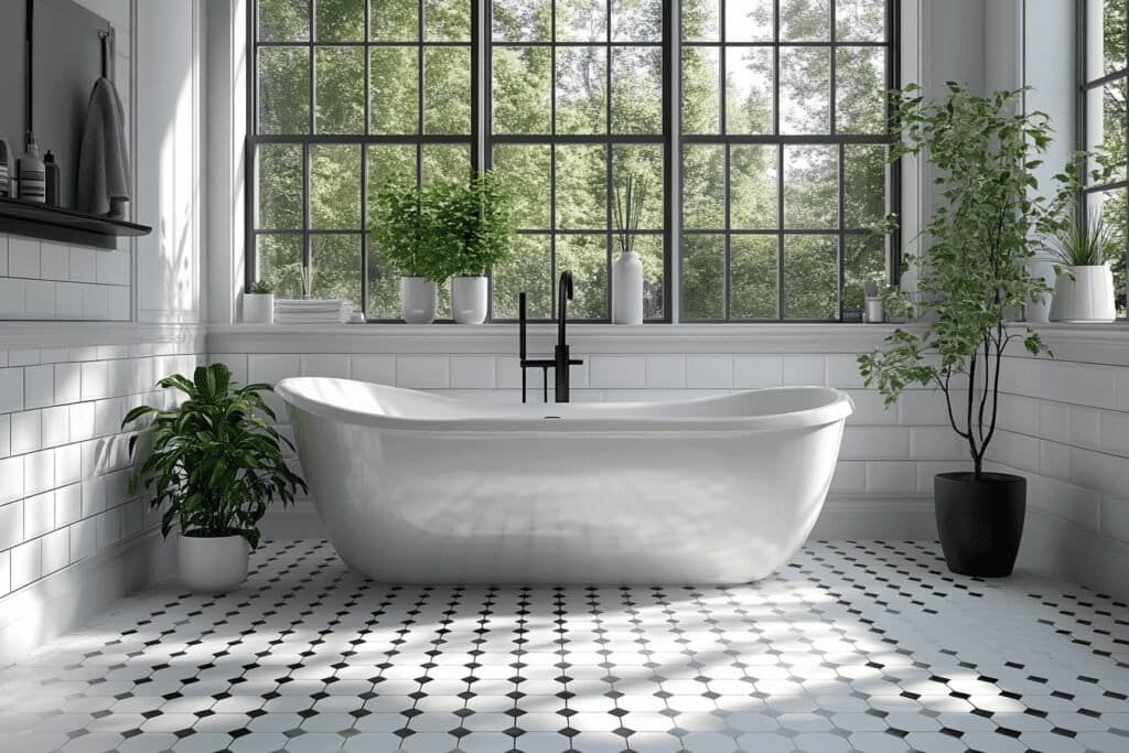 Contemporary bathroom with black and white hexagonal geometric tiles