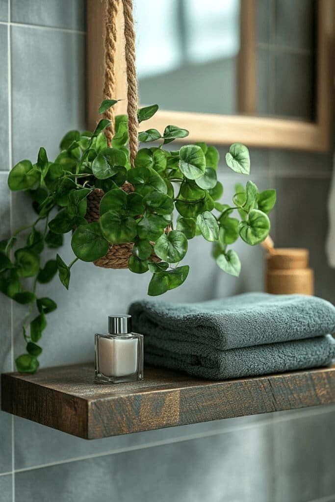 Hanging plant and floating shelf in a modern bathroom, showcasing stylish decor and space-saving accessories.