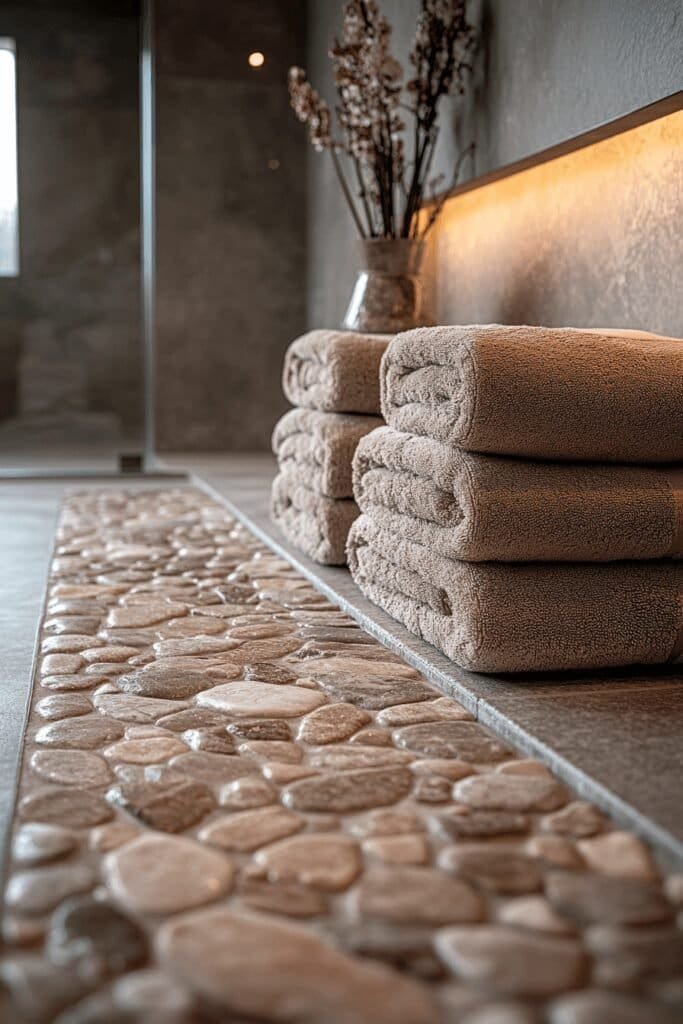 Close-up of heated flooring and towel warmers, highlighting luxurious comfort features in Master Bathroom Ideas.