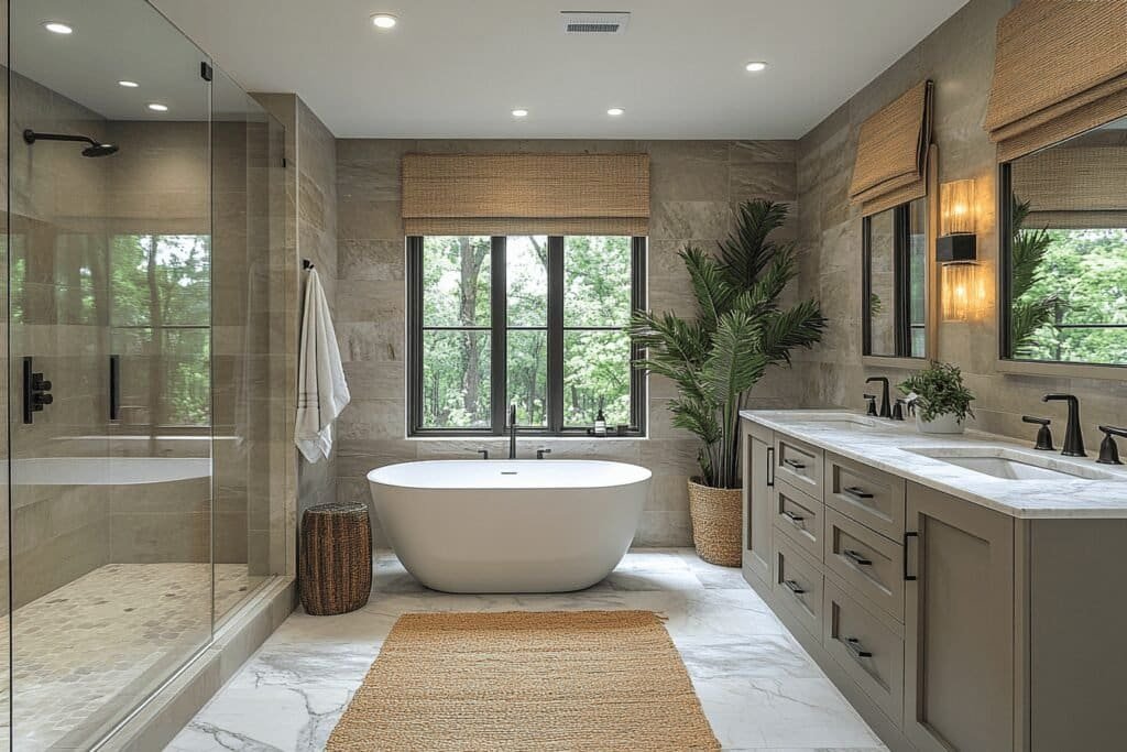 Huge bathroom remodel with walk-in shower, freestanding tub, and double vanities.